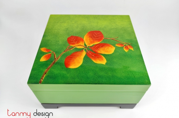 Green square lacquer box hand-painted with Indian almond branch 25 cm
